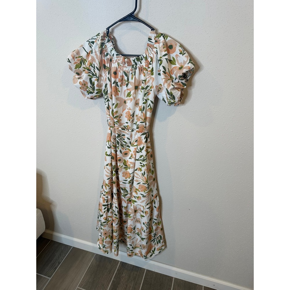 THML Floral Puff Sleeve Midi Dress White Peach Green Tiered FTM2319-CR Small - Picture 4 of 4